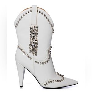 Azalea Wang White & Metallic Silver Embellished Western Stiletto Boot